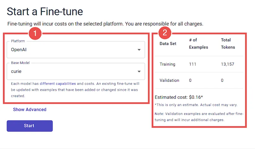 Start a fine-tune user interface