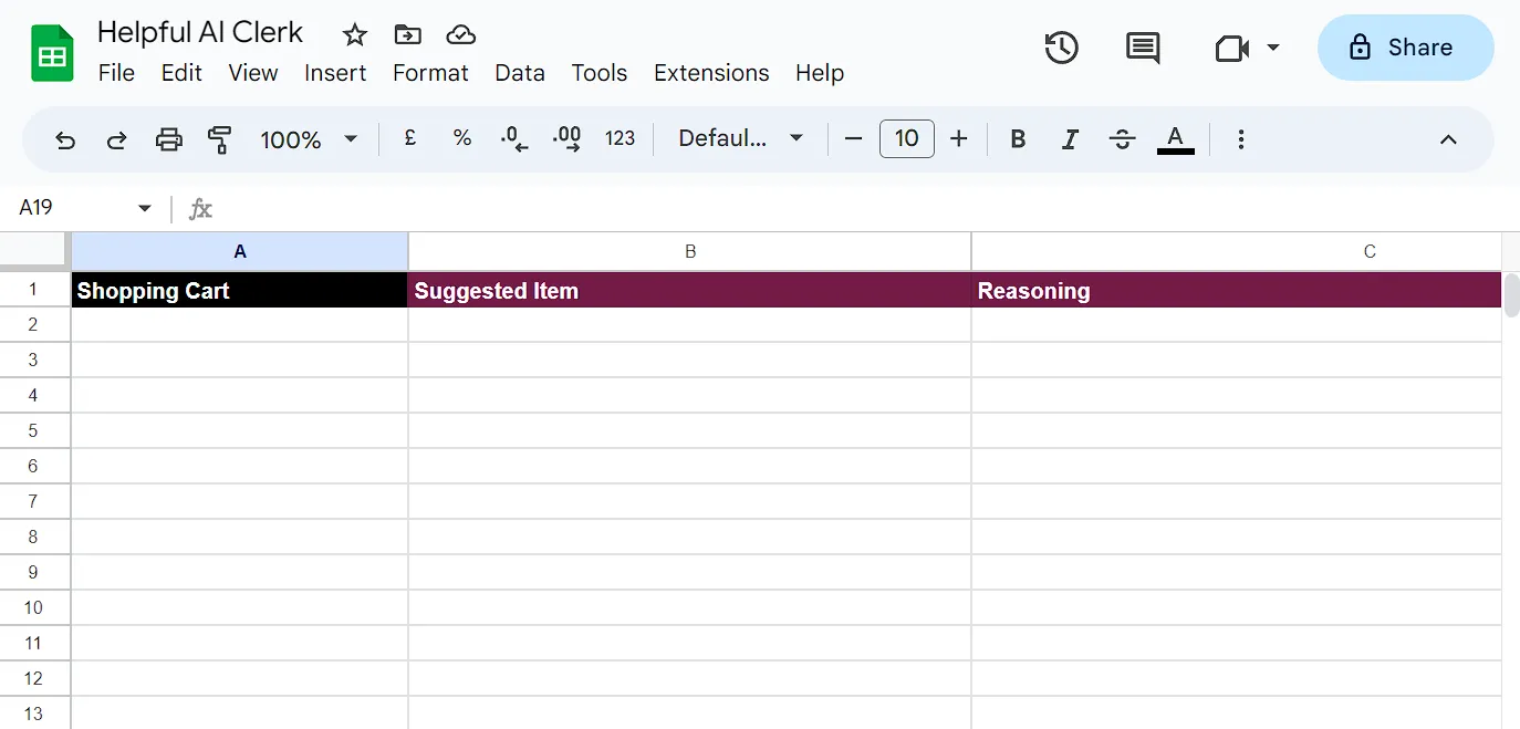 Helpful AI clerk spreadsheet