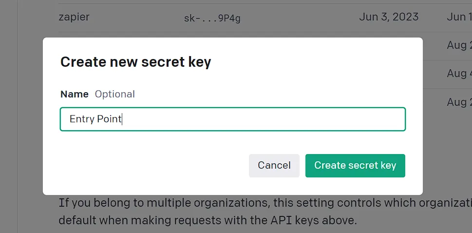 Create new OpenAI key for Entry Point integration