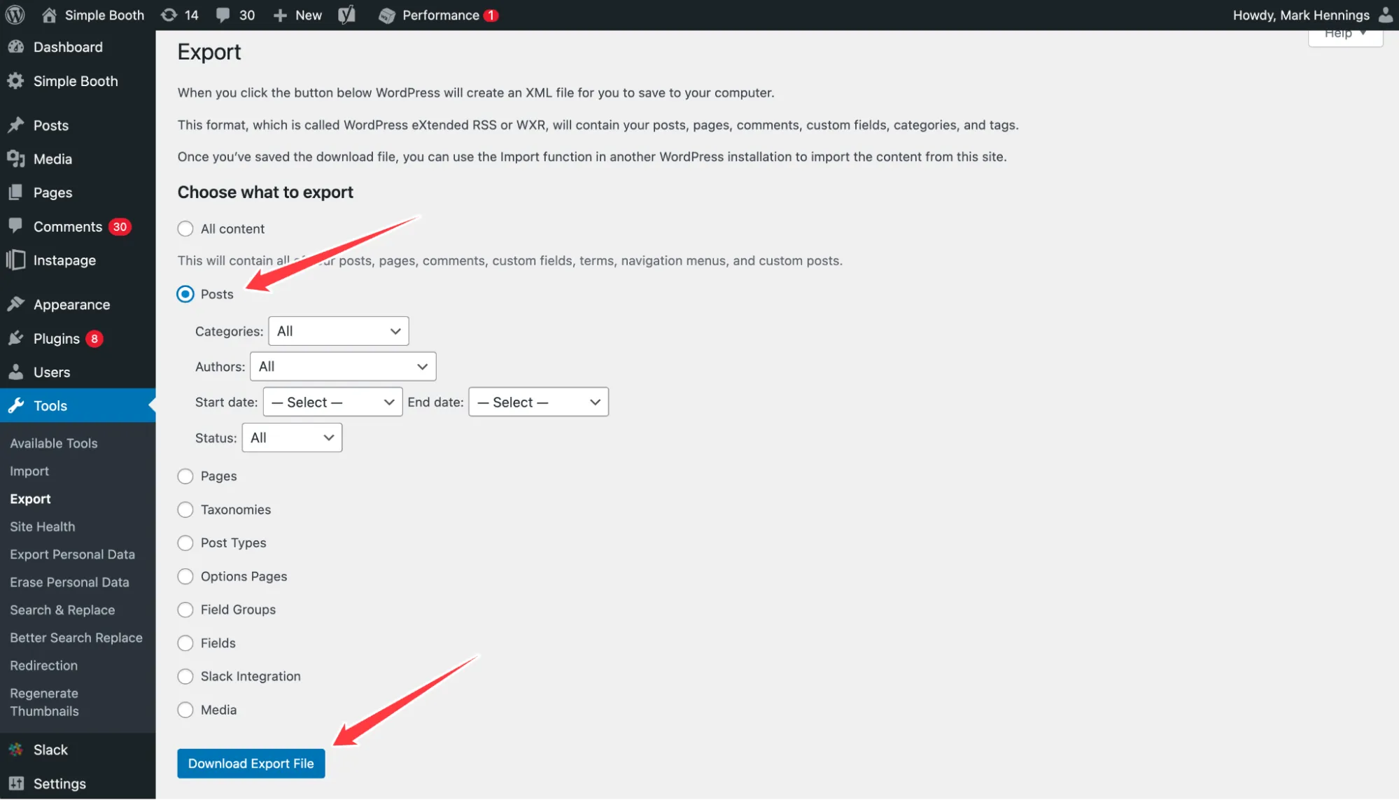 Download WordPress Export File