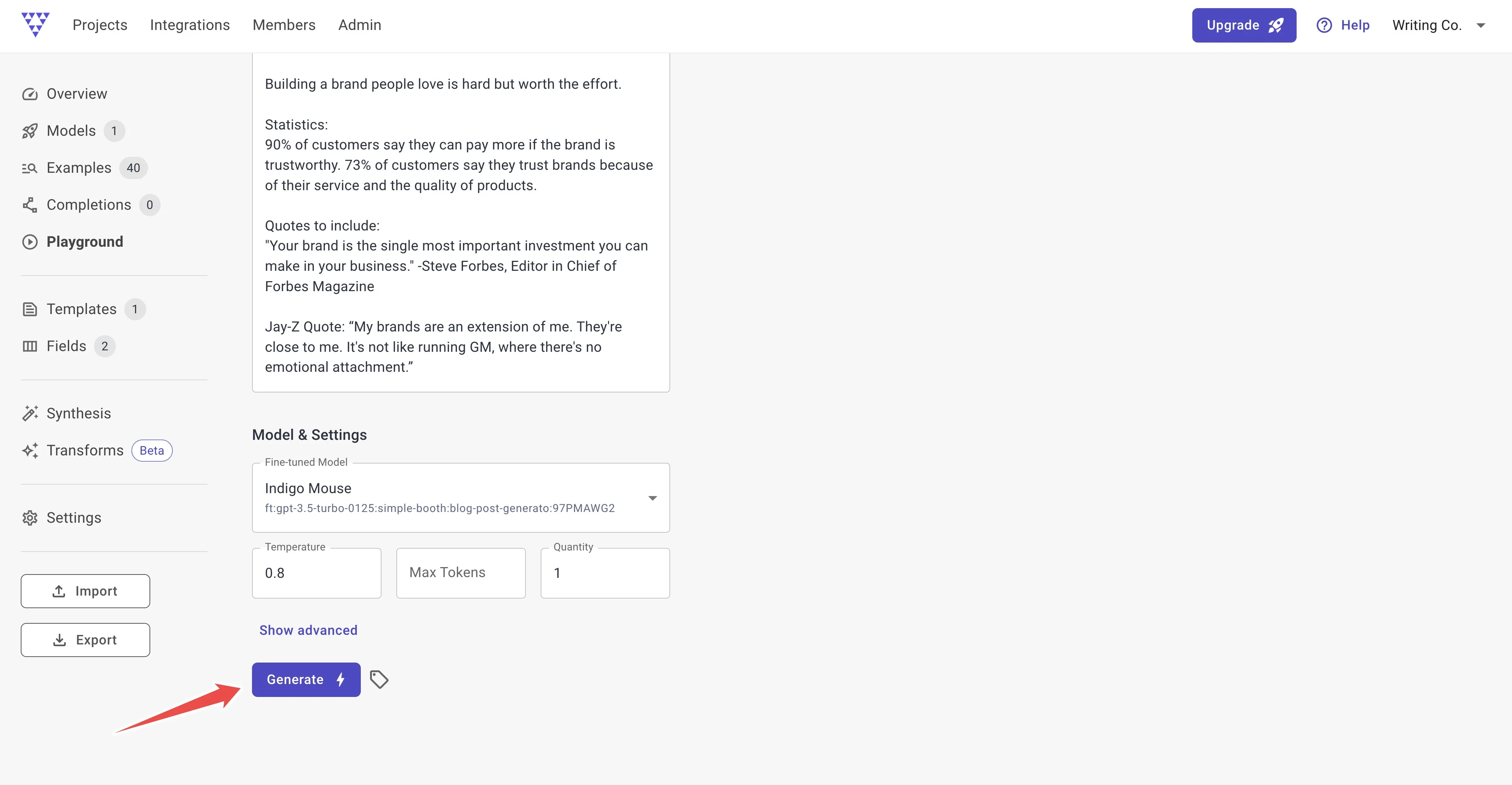 Generating blog posts in the playground