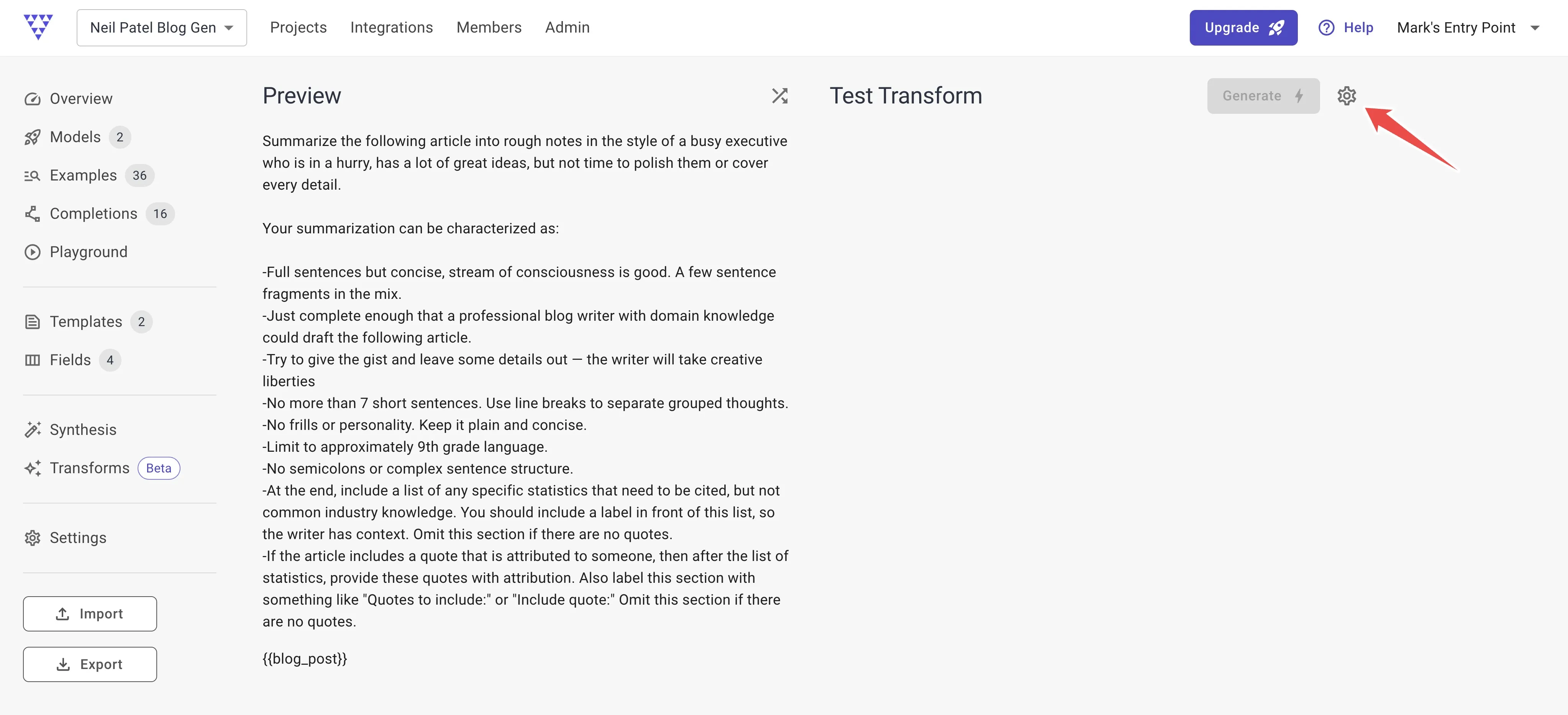 Test transform settings