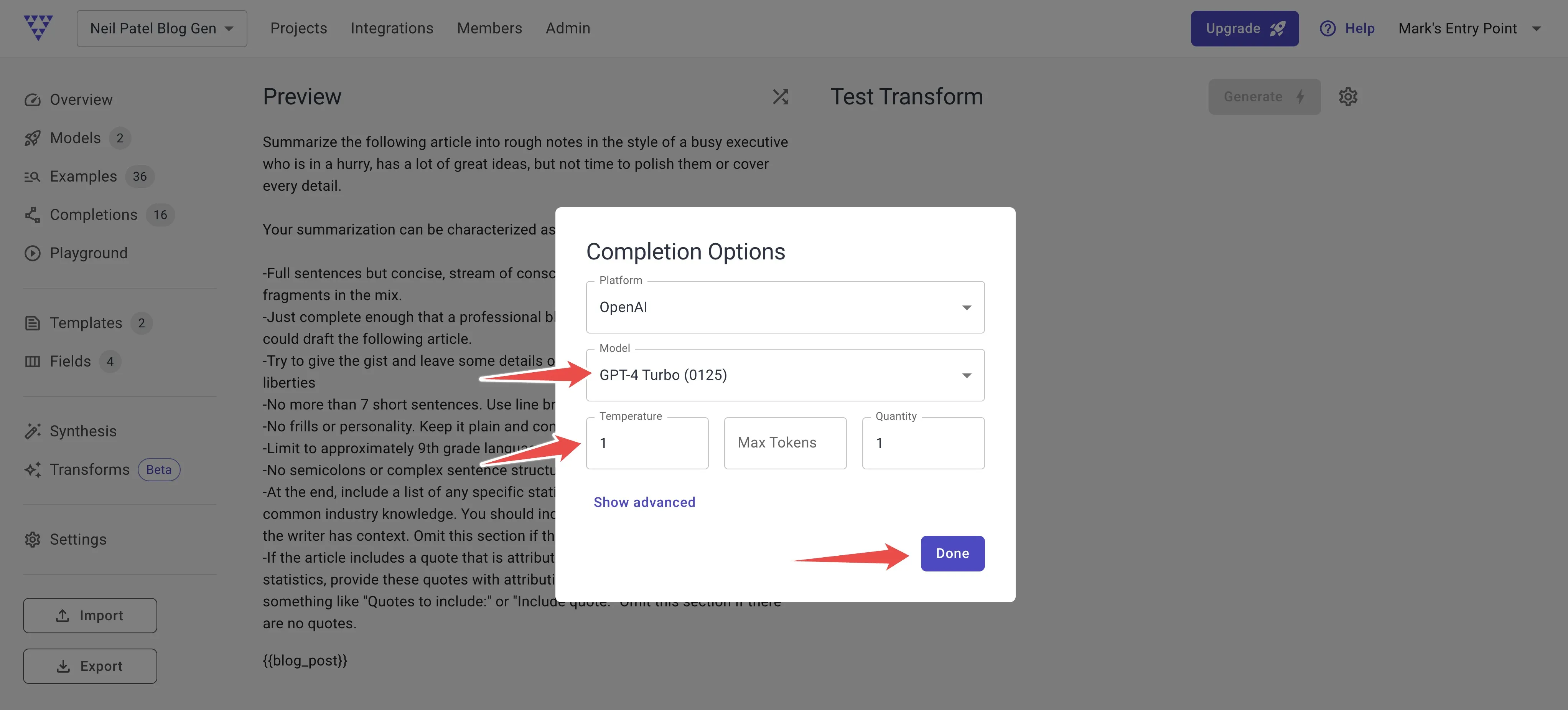 Completion options