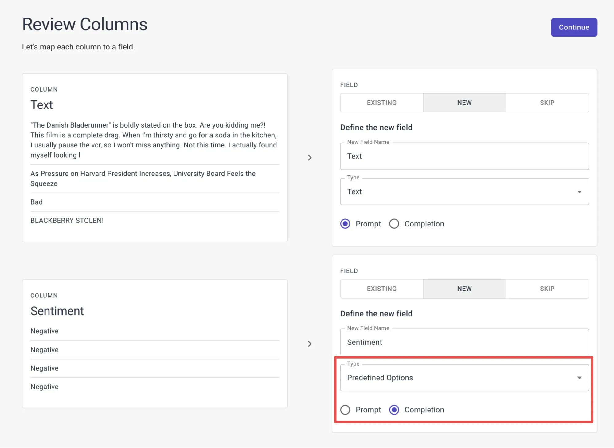 set field to completion and predefined options